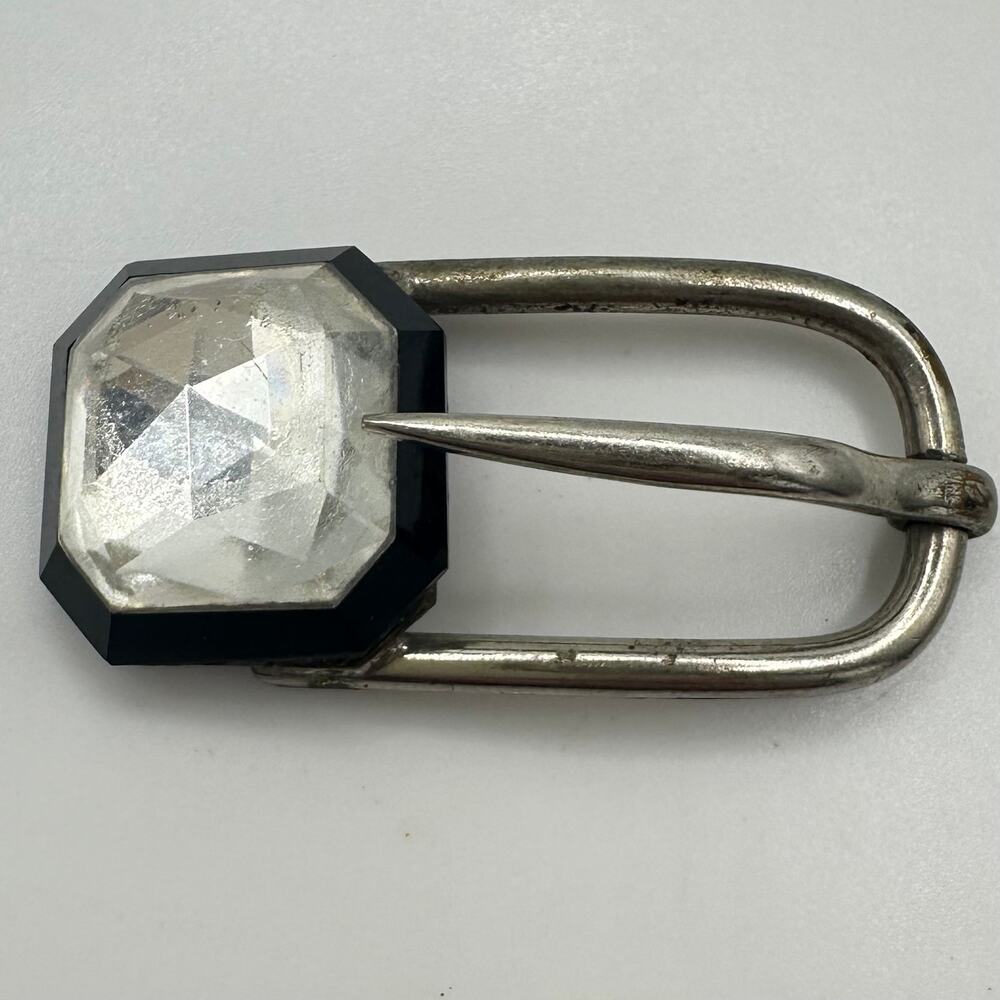 Made in France antique Art Deco silver tone clear black Czech glass belt buckle